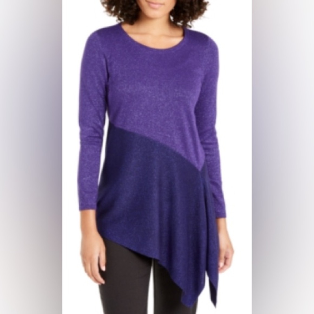 Alfani Size Small Metallic Purple Asymmetrical Pullover Crewneck Knit Sweater